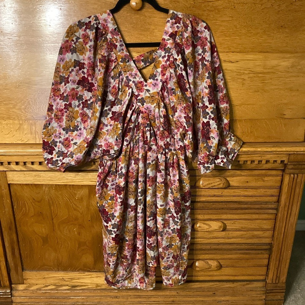 Boohoo Floral Puff Sleeve Mini Dress V-Neck Tie Back Mustard Burgundy US 10